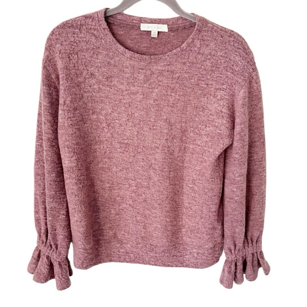 Anthropologie Eri & Ali Sasha Hacci‎ Dusty Rose Ruffle Sweater Size XS Cozycore